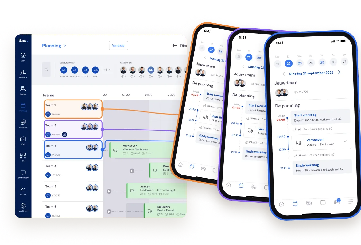 Planbord in Bas met per team de dagplanning op de telefoon van elke ploeg in de medewerker-app
