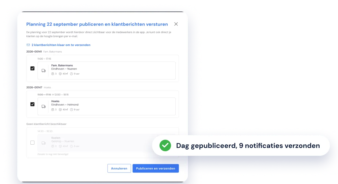 Dagplanning publiceren in Bas en klantberichten versturen, met de melding dat de medewerkers een notificatie kregen