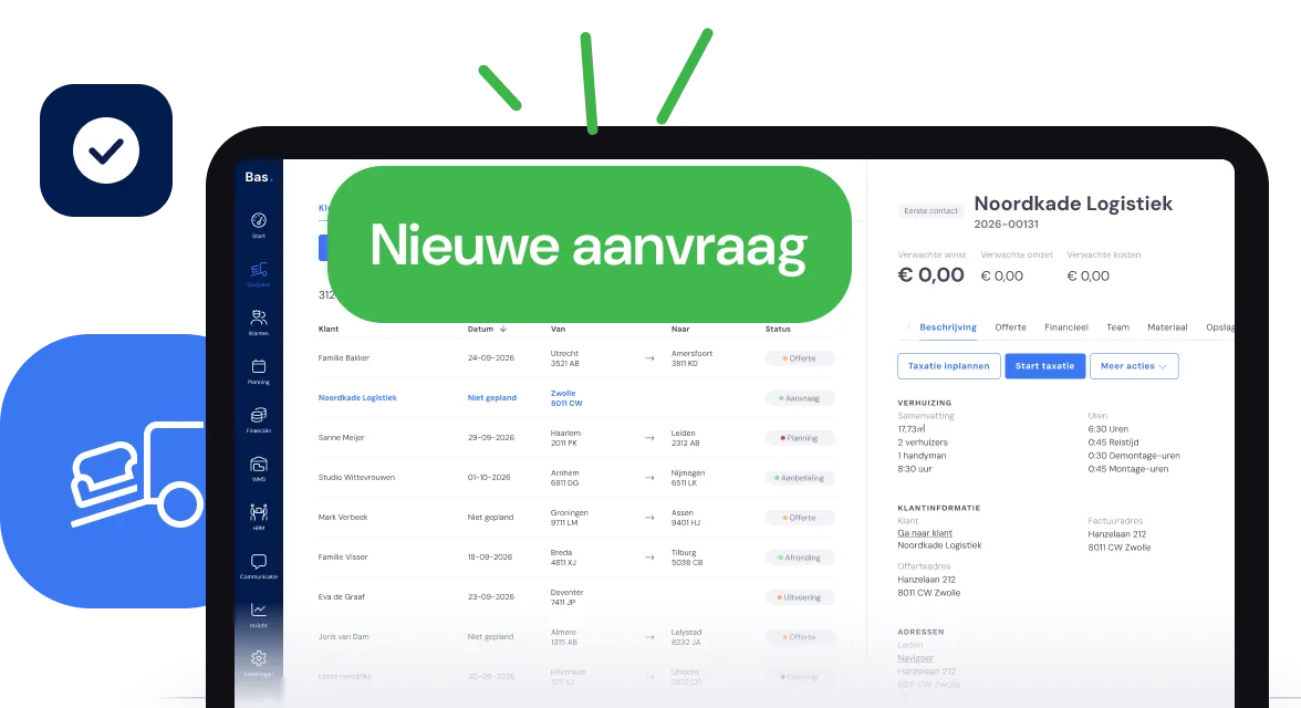 Nieuwe aanvraag in het klussenoverzicht van Bas, met het dossier al geopend en alle gegevens ingevuld