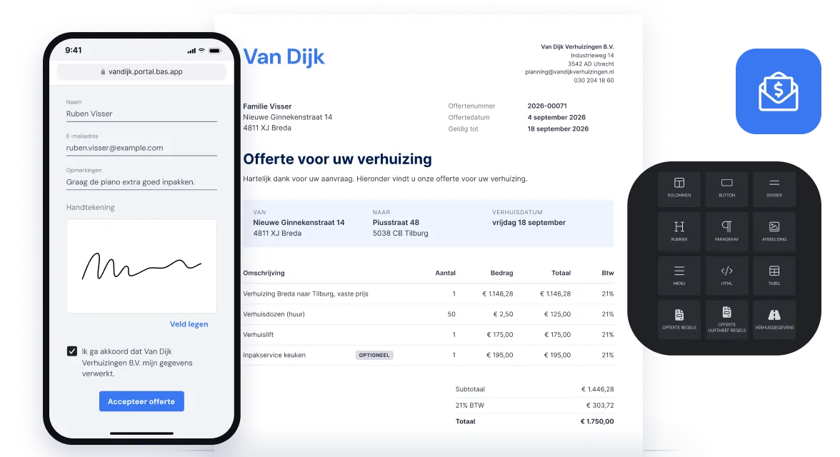 Offerte in de huisstijl van de verhuizer, de sjablooneditor van Bas en de klant die de offerte online accepteert op de telefoon