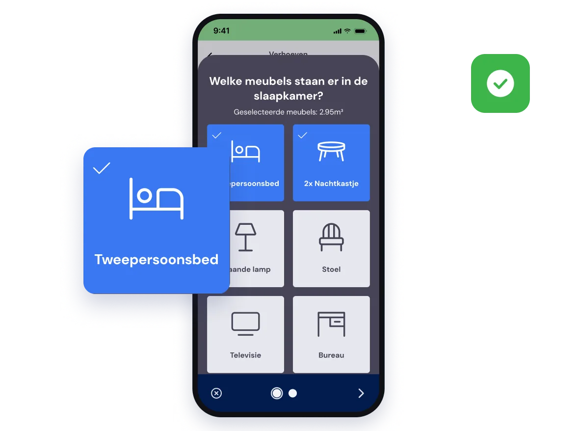 Meubels per kamer kiezen tijdens een taxatie in de Bas-app