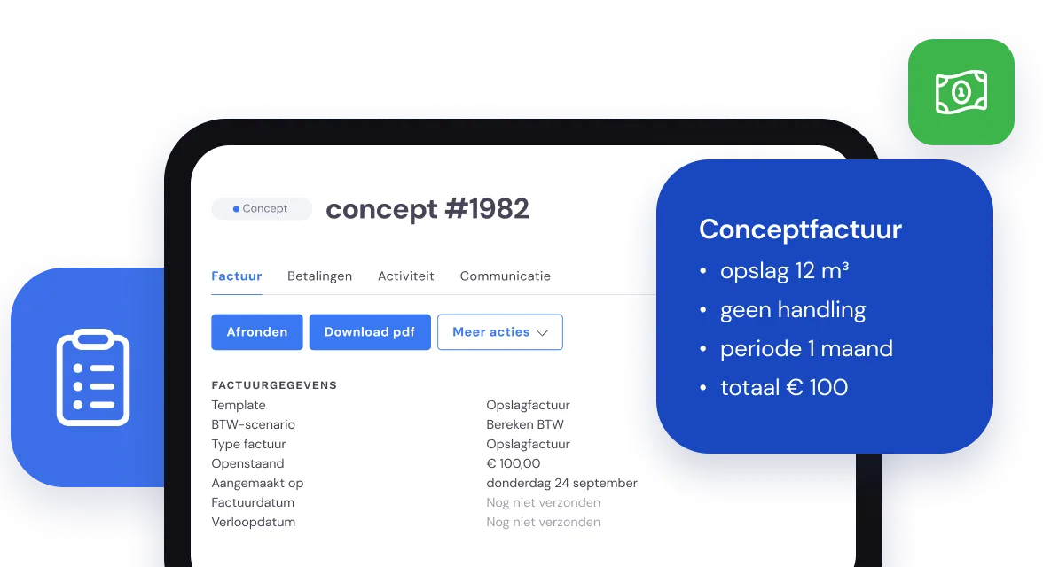 Conceptfactuur voor opslag in Bas: 12 m³, geen handling, periode van een maand