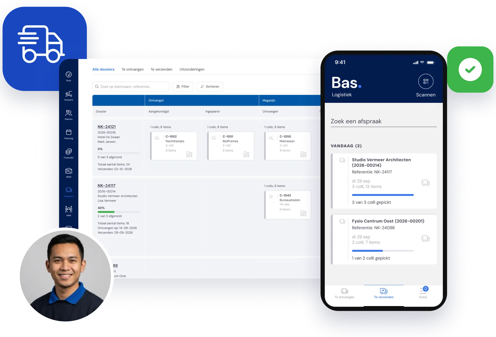 Het transportbord in de backoffice van Bas en de stops van vandaag in de app van de chauffeur