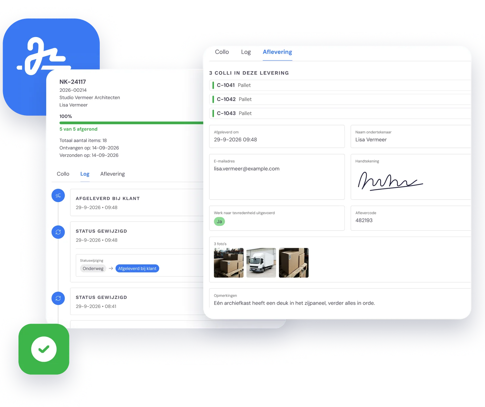 Het logboek van een collo en het afleverbewijs met handtekening en foto’s in het klantportaal