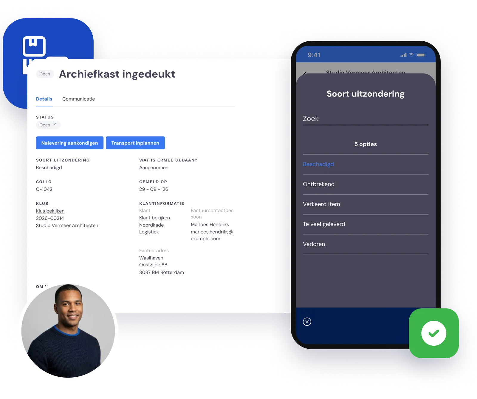 Een beschadigde archiefkast gemeld als uitzondering, met de soorten uitzondering in de app